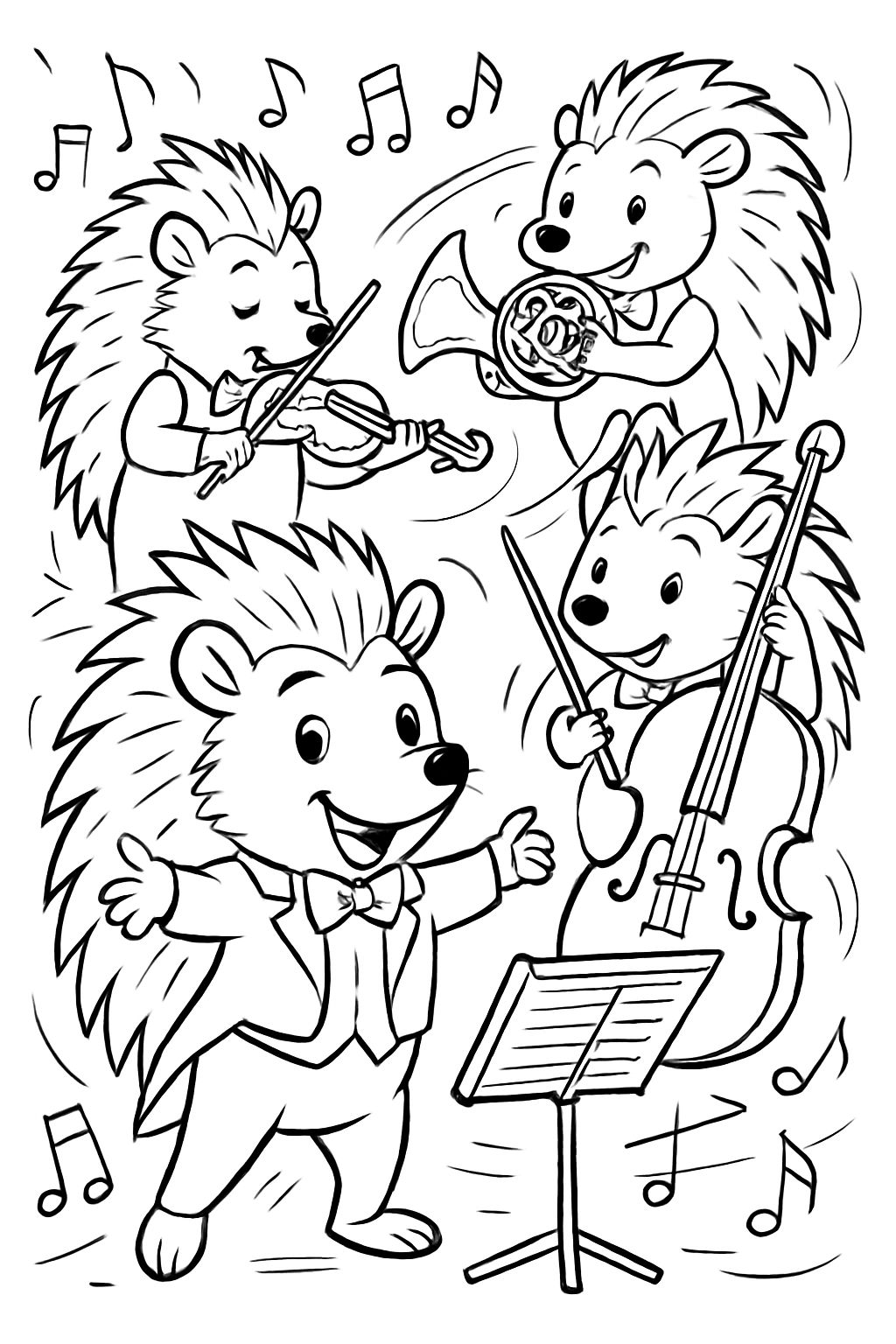 Un orchestre composé de hérissons jouant de la musique classique - beaucoup de détails.