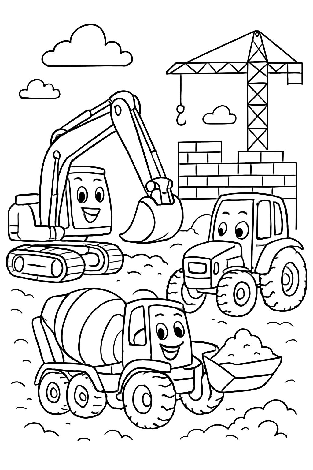 a excavator, a concrete mixer, and a tractor working on a construction site