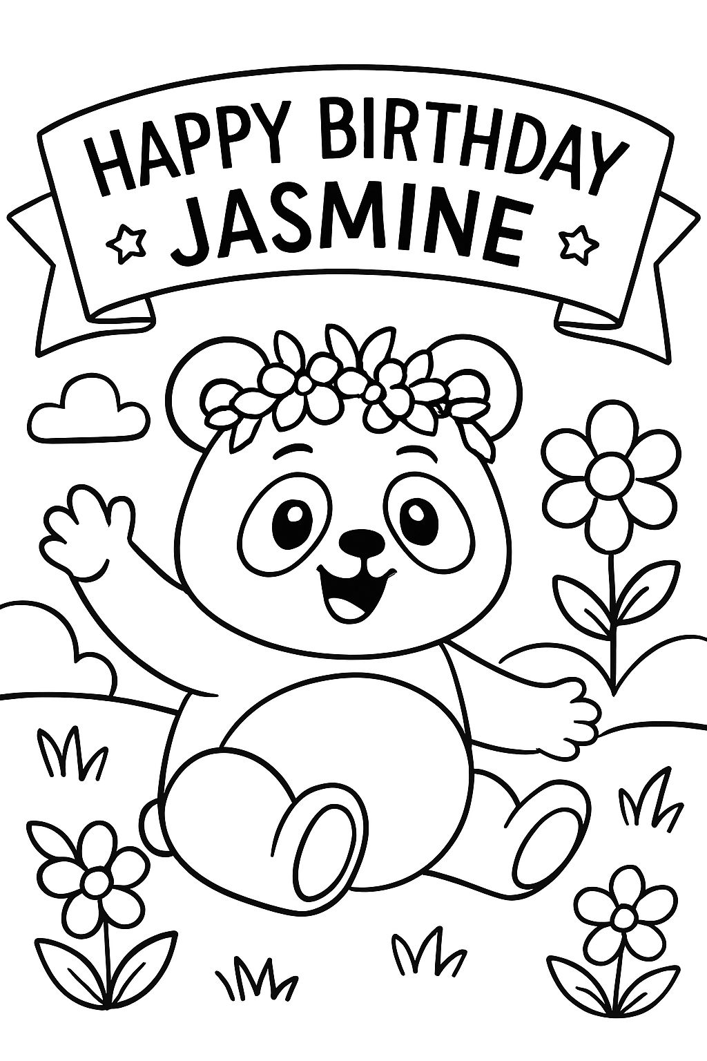 Panda with flower crown saying happy birthday jasmine.