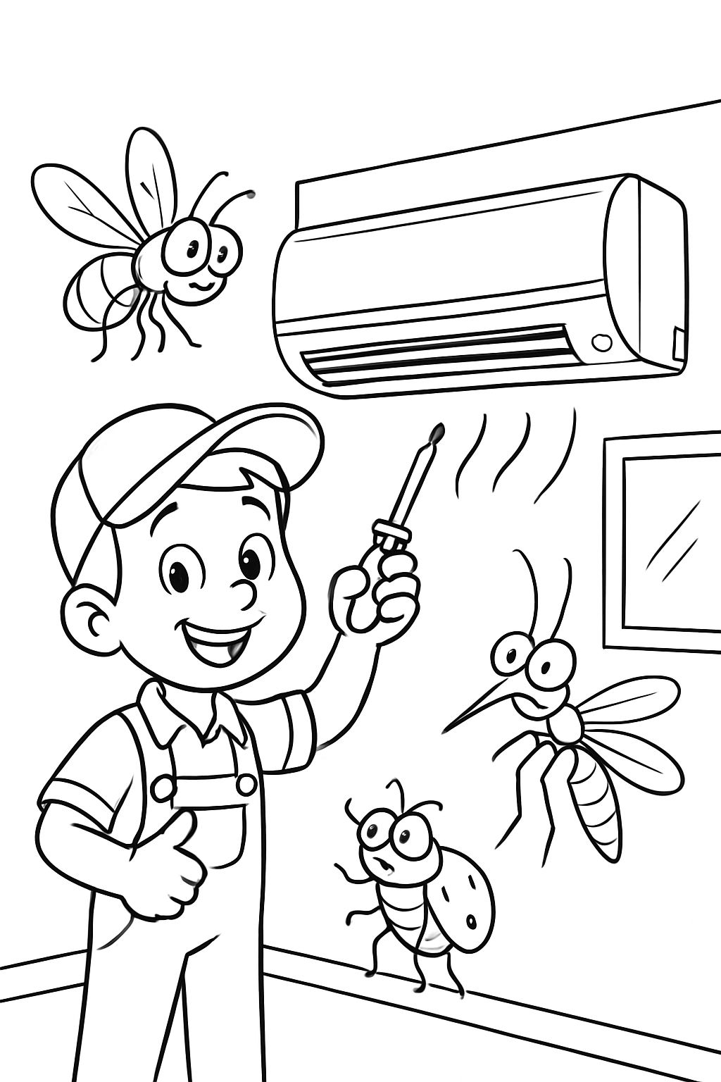 Air conditioner with boy technician and bugs
