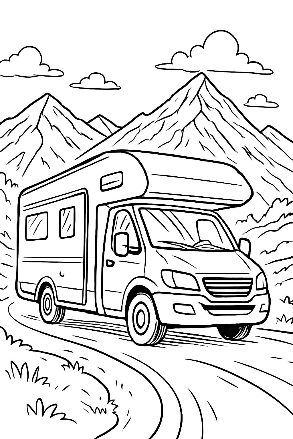 Camping-car sur route de montagne avec des montagnes enneigées en arrière-plan