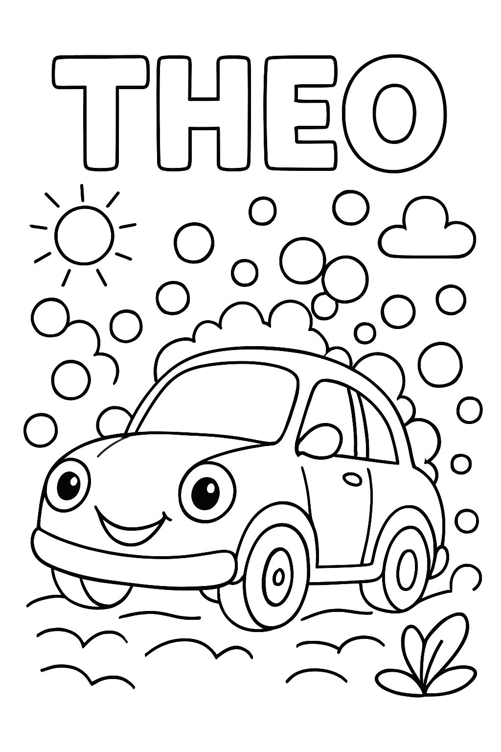 Um carro estava com um carro com bolhas e o nome de Theo no topo da página. Um carro estava com um carro com bolhas e o nome de Theo no topo da página.