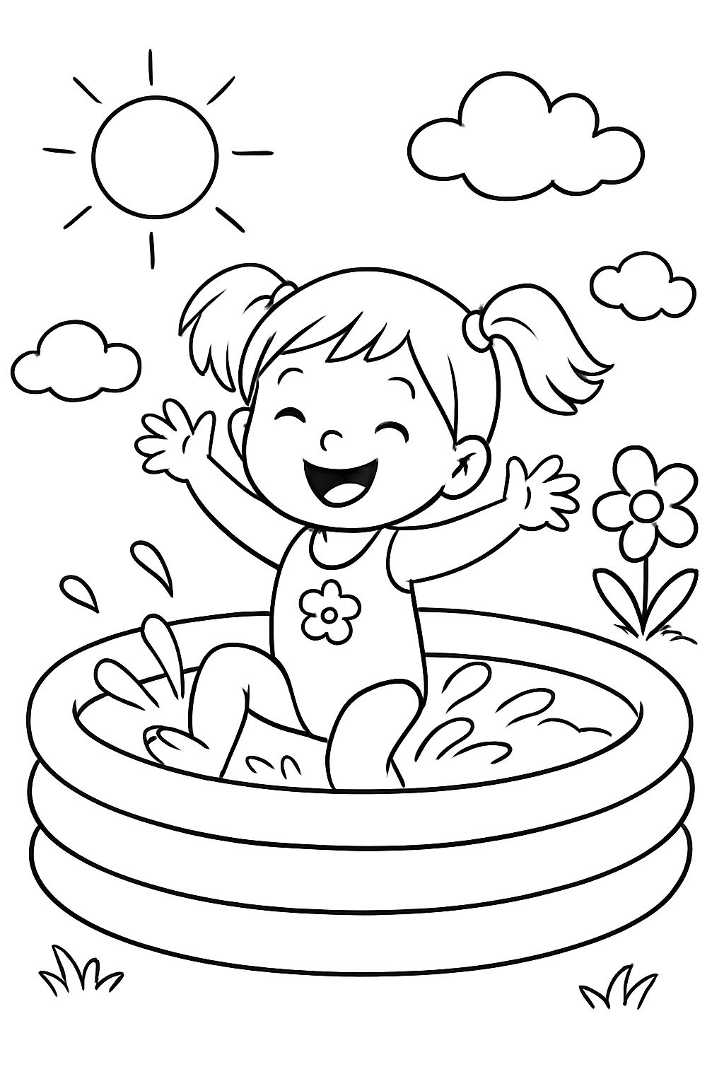 Niña de 3 años en una pequeña piscina en el verano.