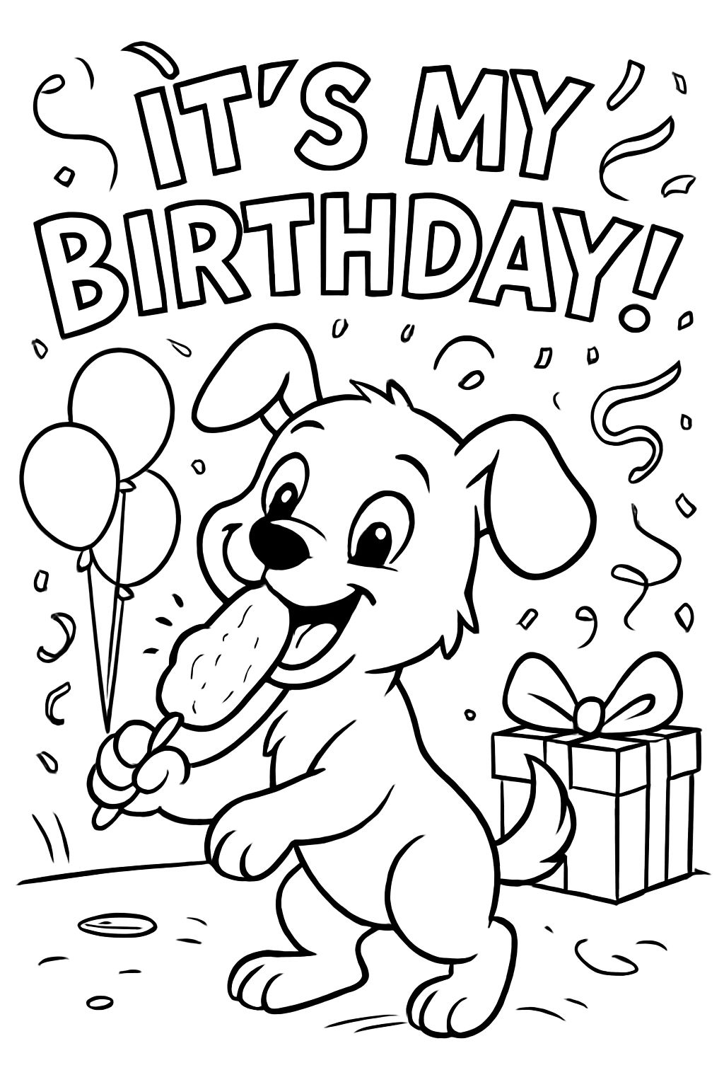 A puppy eating a corn dog happily with the words above it "it's my birthday!"