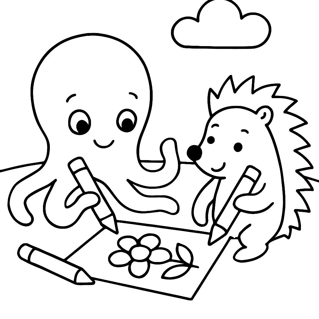 an octopus painting pictures with a hedgehog an octopus painting pictures with a hedgehog