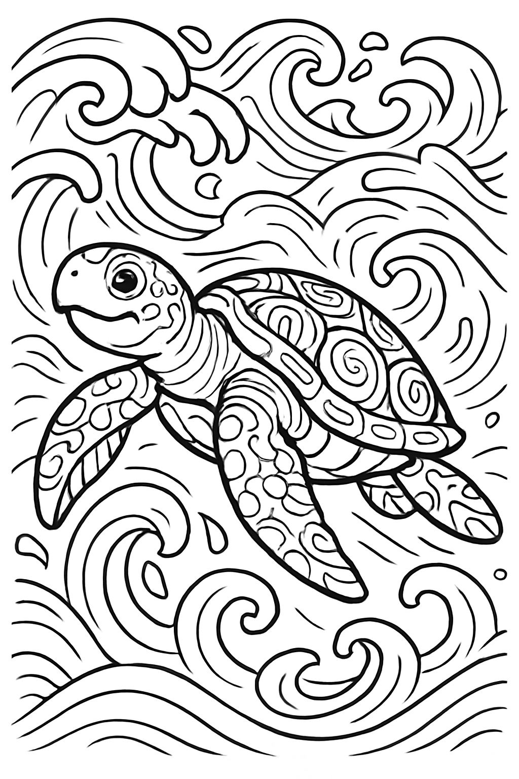 an intricate picture of a sea turtle with wavy patterns
