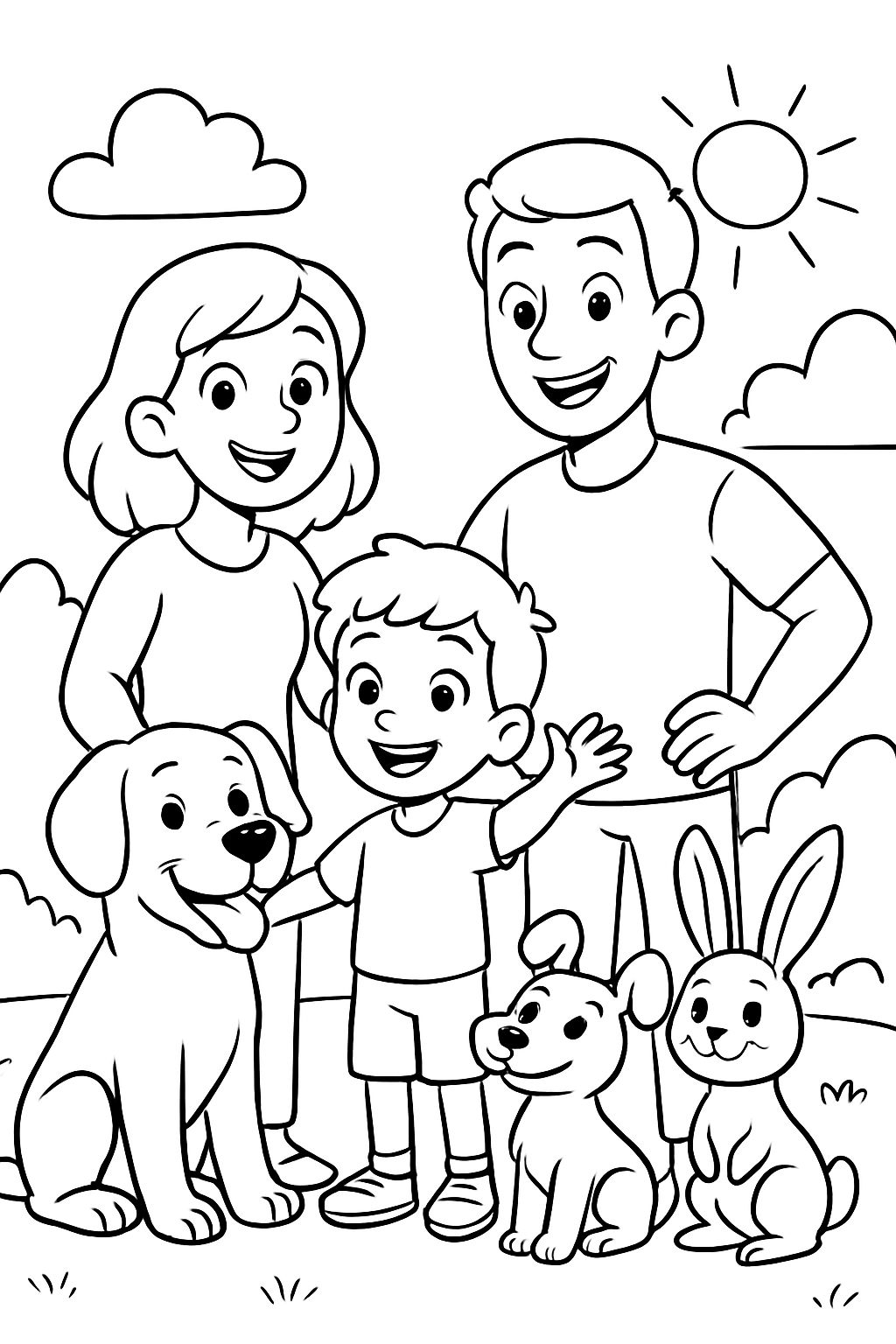 une famille avec une maman, un papa, un petit garçon, un grand chien, un petit chien et un lapin une famille avec une maman, un papa, un petit garçon, un grand chien, un petit chien et un lapin