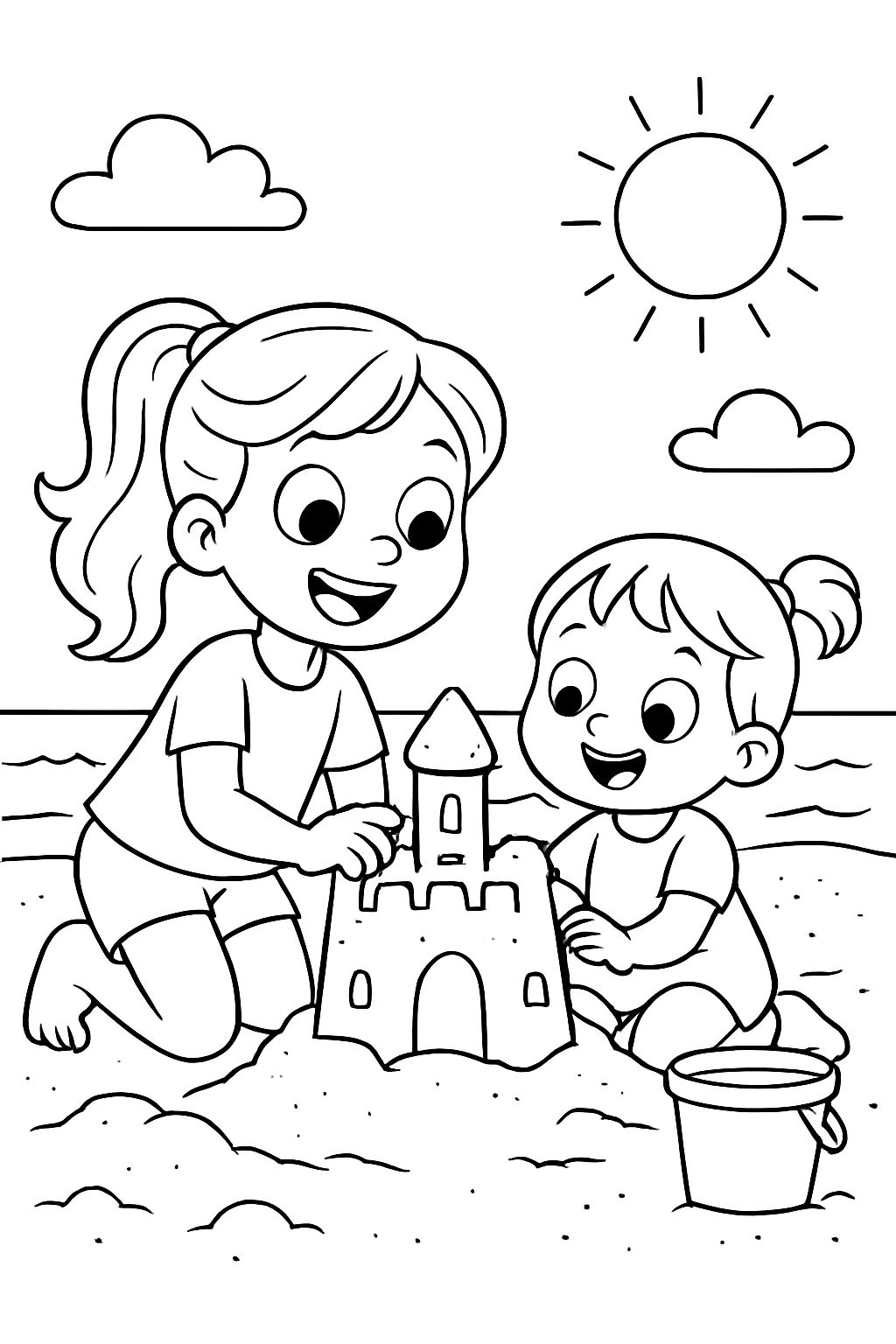 6 year old girl with her 3 year old little sister, building a sand castle on the beach together. 6 year old girl with her 3 year old little sister, building a sand castle on the beach together.