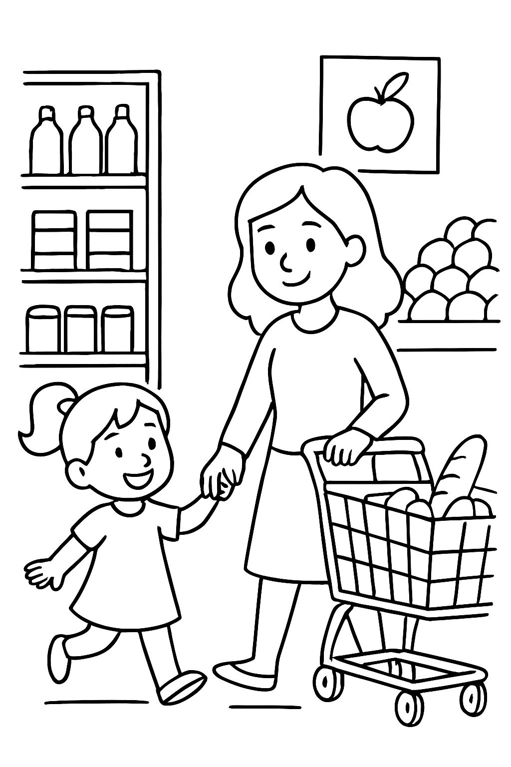 a girl goes shopping with her mom at the supermarket