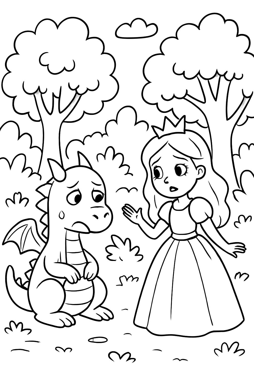 a sad dragon and a princess in a forest