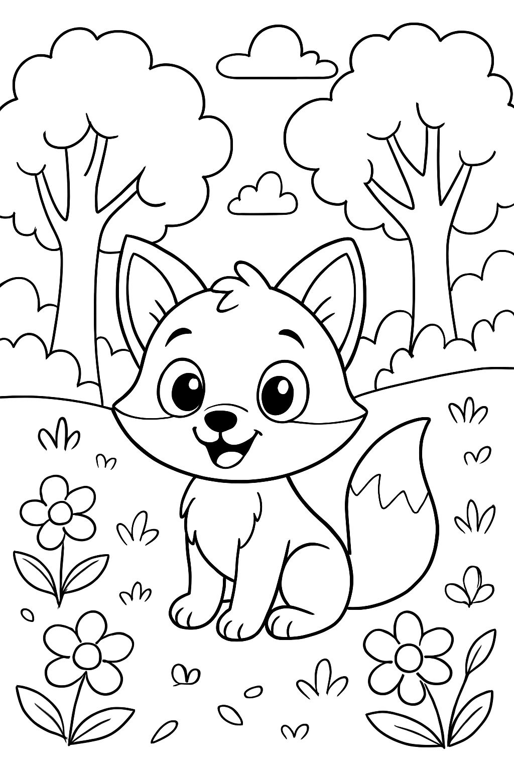 un bébé renard assis dans une scène de forêt avec des fleurs et des arbres