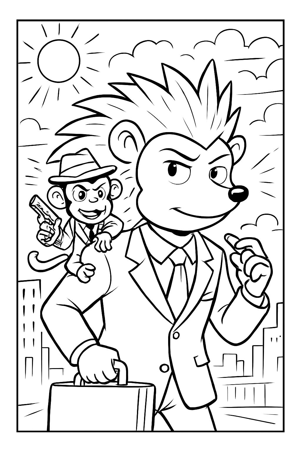 Un petit singe gangster perché sur l'épaule de Papa et un petit "professionnel de très haut niveau" portant un hérisson.