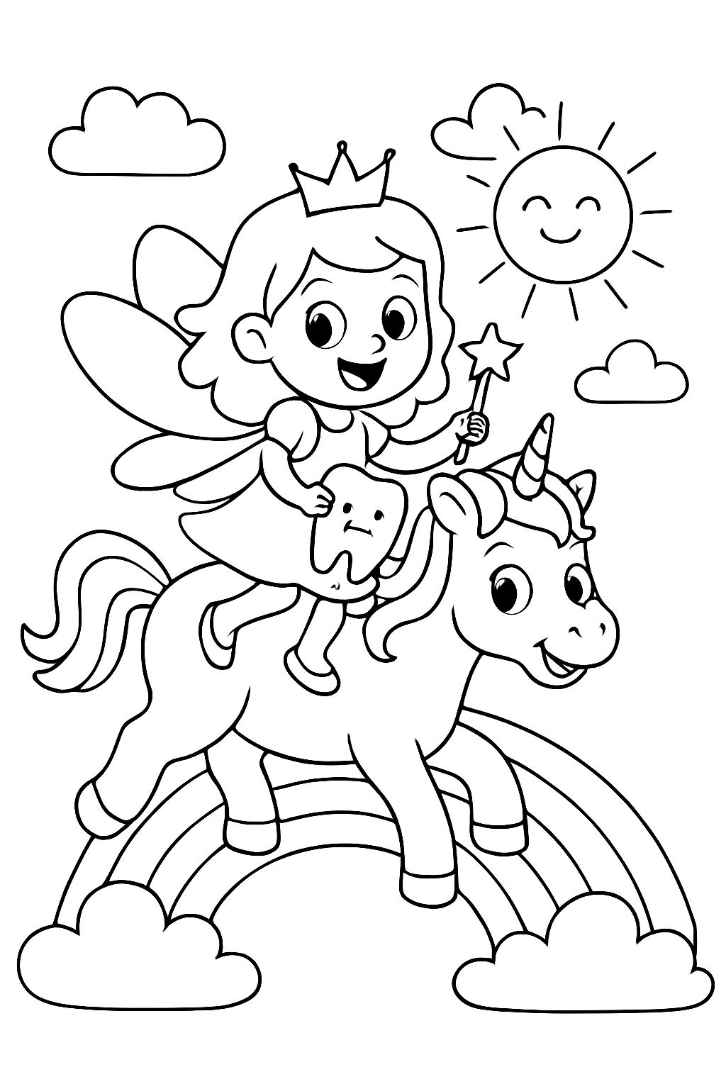 unicorn with a crown, on it rides a tooth fairy who walks over a rainbow unicorn with a crown, on it rides a tooth fairy who walks over a rainbow