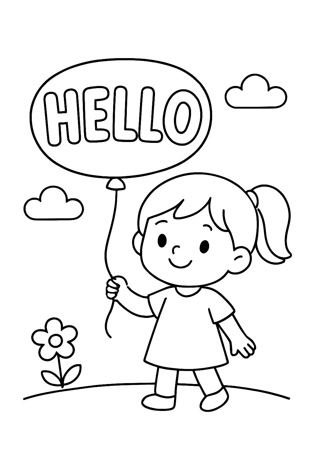 Une fille avec un ballon formant le mot bonjour.