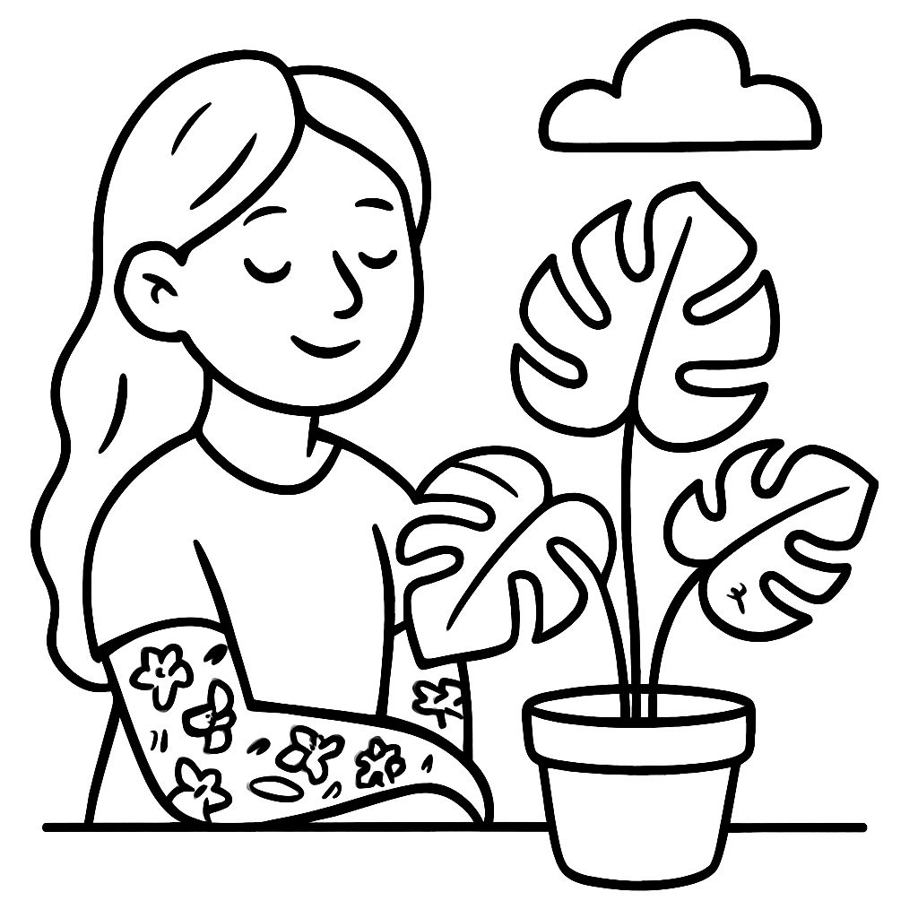 plante monstera avec jeune femme avec des tatouages sur les bras plante monstera avec jeune femme avec des tatouages sur les bras