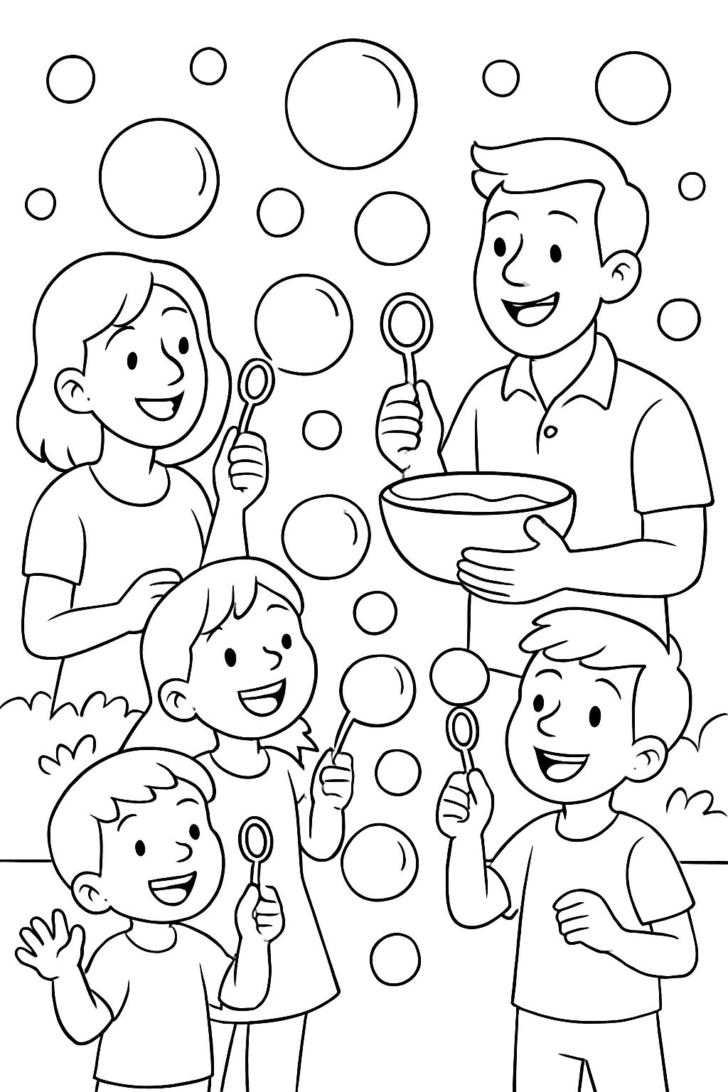 Three children, a woman, and a man have a bowl of soap bubbles and are making bubbles of different sizes.