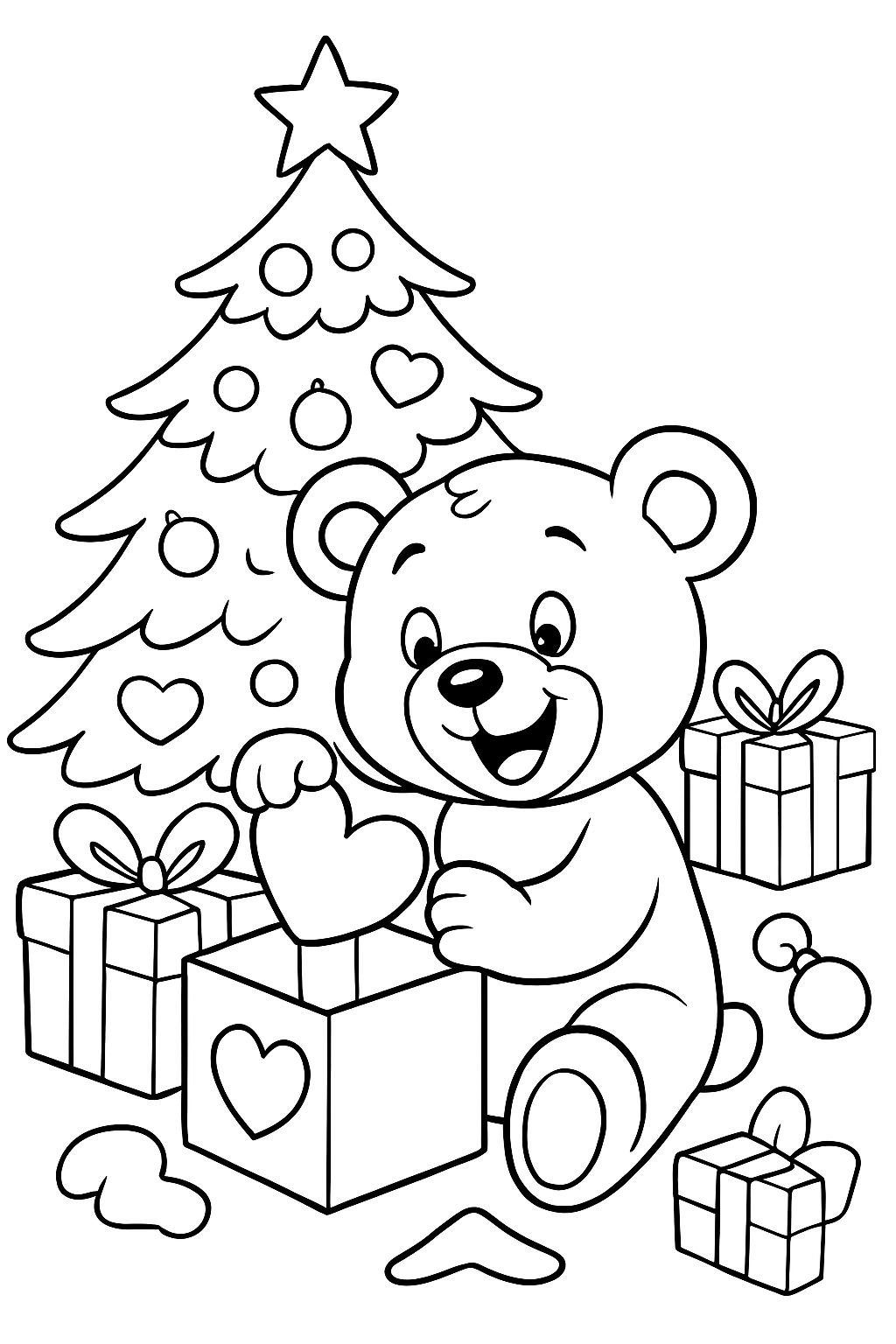 un ours en peluche assis devant un arbre de Noël, déballant des cœurs et d'autres cadeaux