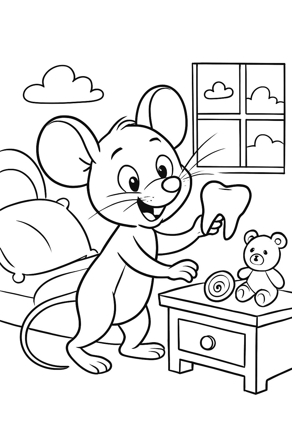 La petite souris qui vient ramasser une dent sous l'oreiller et placer un jouet et une pièce.