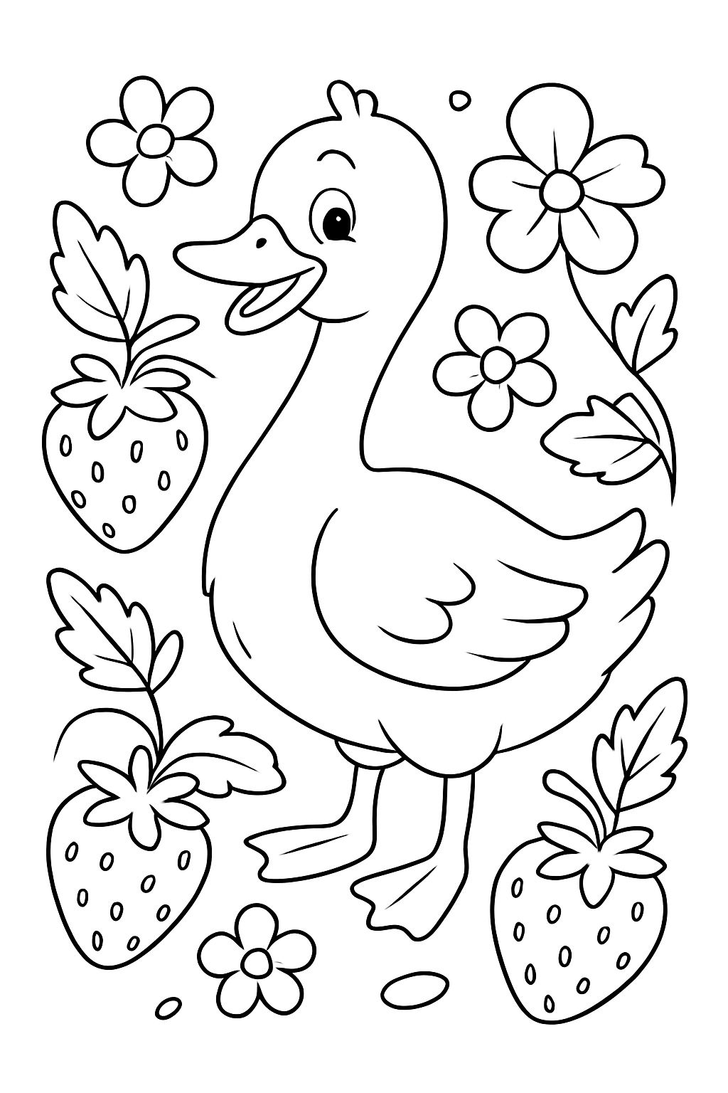 cute goose with strawberries and flowers