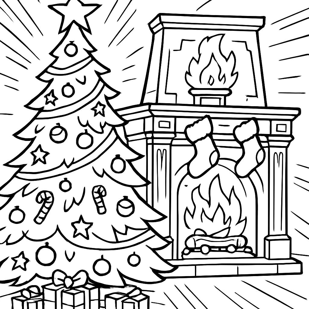 Ein großer Weihnachtsbaum neben einem schicken Kamin Ein großer Weihnachtsbaum neben einem schicken Kamin