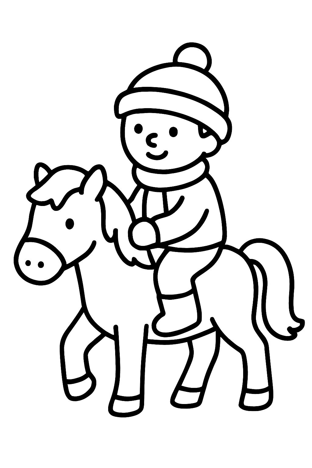 Um menino pequeno montando um pônei e usando roupas quentes
