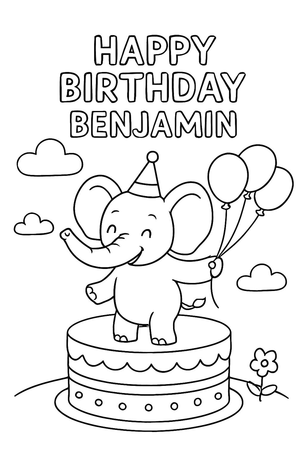 Feliz Cumpleaños Benjamin Elefante sobre pastel con globos Feliz Cumpleaños Benjamin Elefante sobre pastel con globos