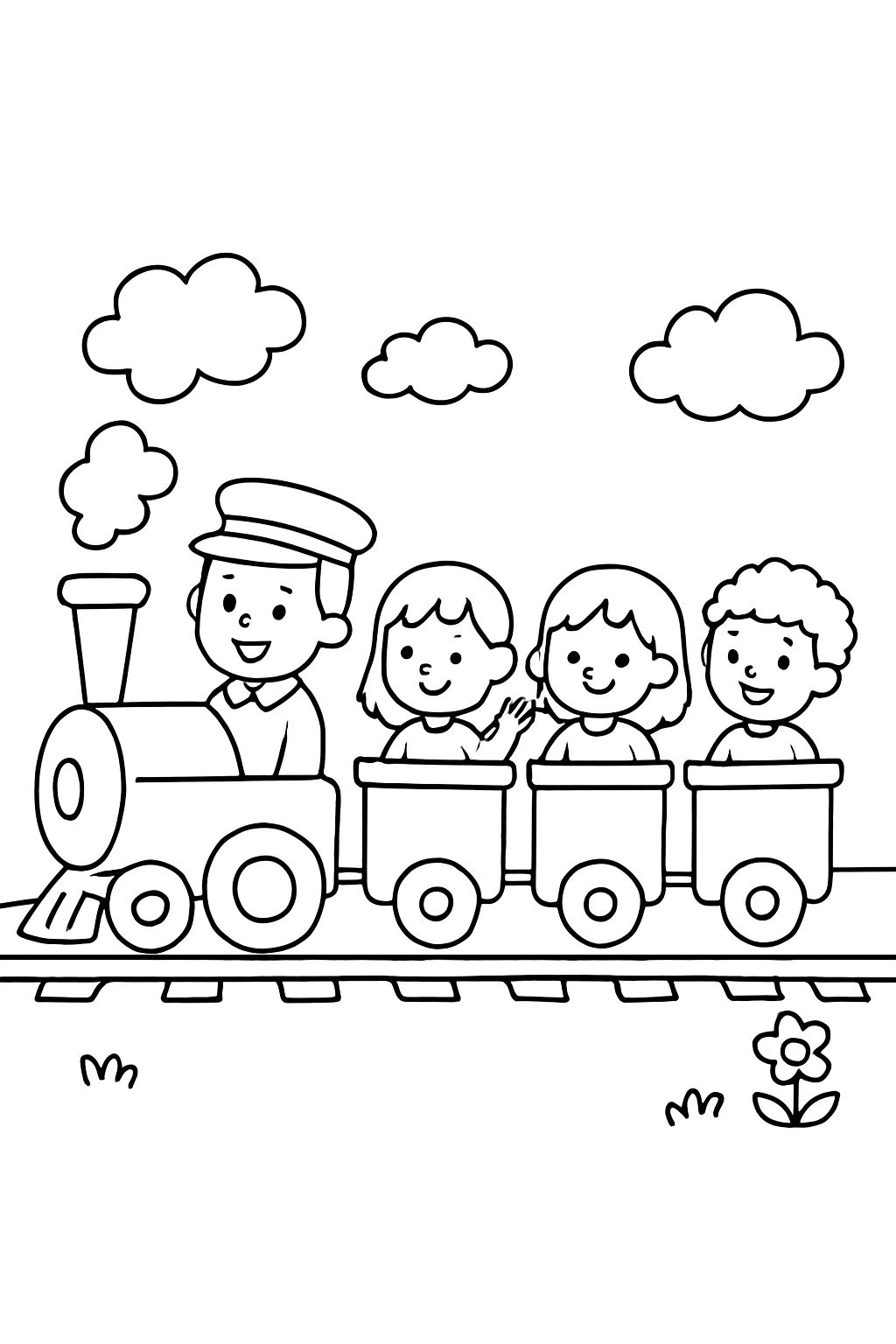 Un train avec le conducteur, quatre wagons, et dans chaque wagon, il y a une fille et un garçon.
