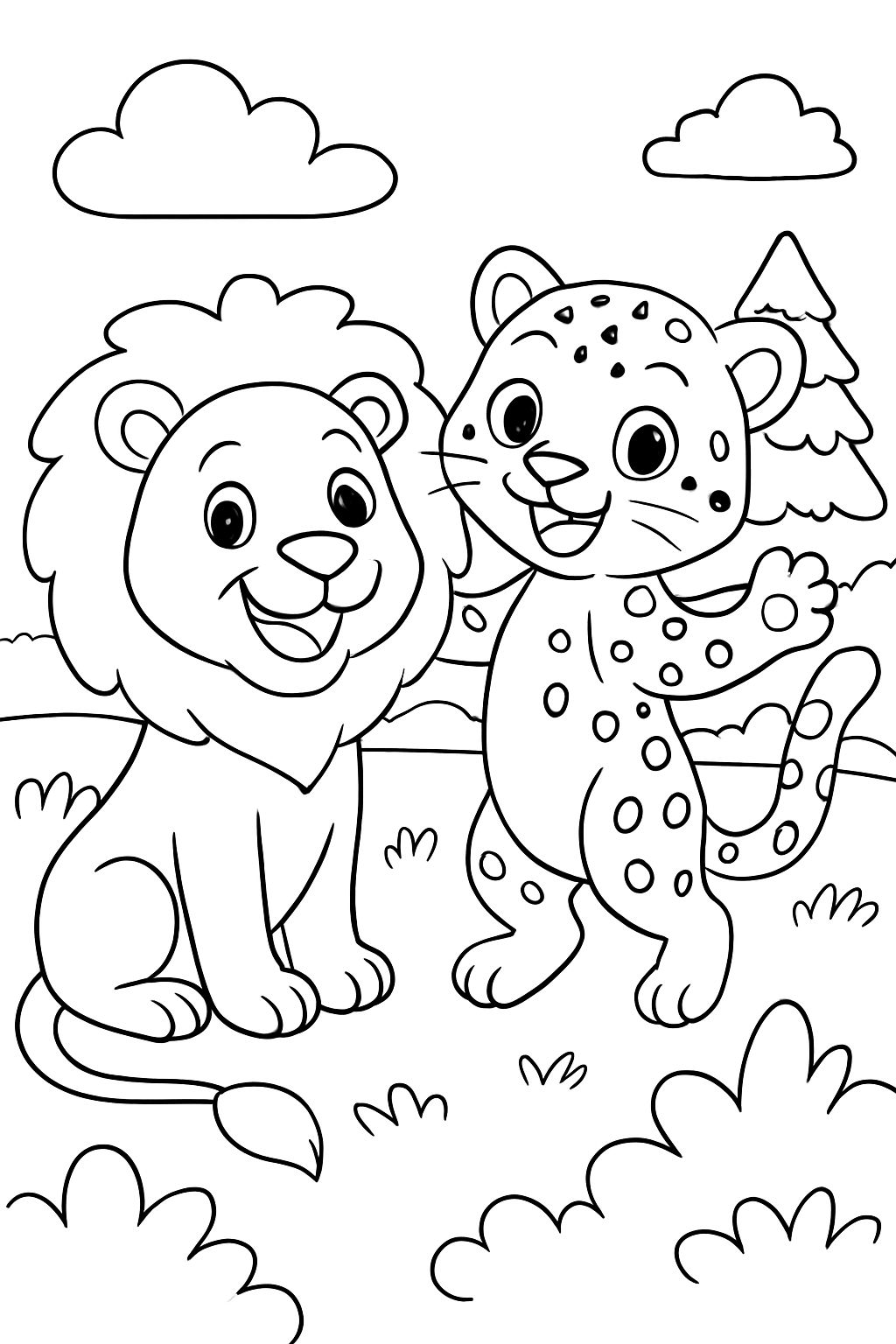 a lion and a snow leopard
