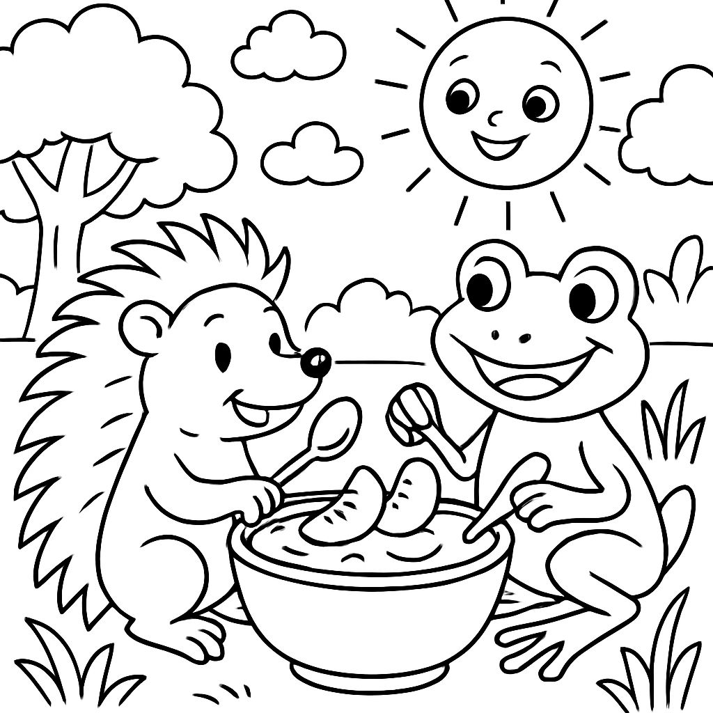 O ouriço e o sapo estão comendo iogurte de pêssego decorado com fatias de pêssego O ouriço e o sapo estão comendo iogurte de pêssego decorado com fatias de pêssego