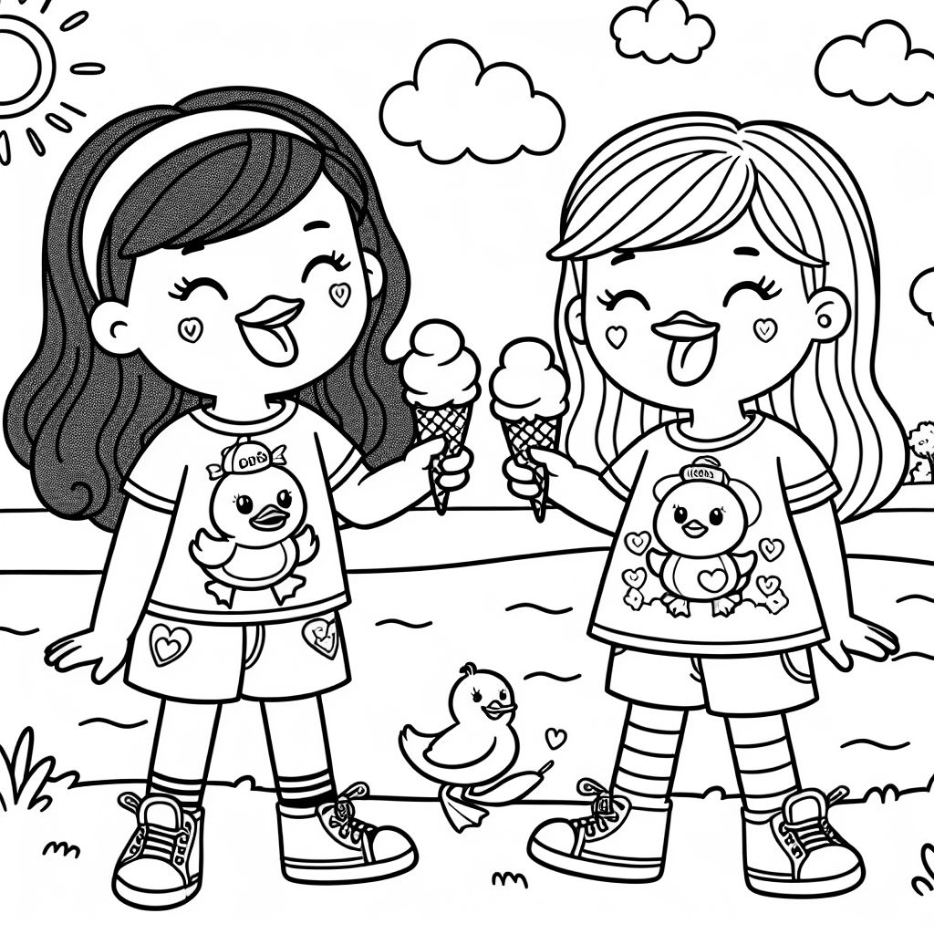 zwei-m-dchen-mit-enten-tshirts-die-stileis-essen-coloring-page-bubbely