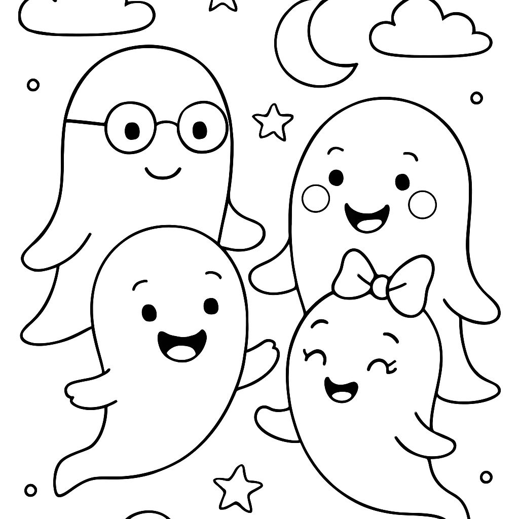 eine Familie von 4 Geistern: ein Papa mit kleinen Brillen, eine Mama mit roten Wangen, ein kleiner Geist und ein kleiner Geist mit einer lila Schleife auf dem Kopf eine Familie von 4 Geistern: ein Papa mit kleinen Brillen, eine Mama mit roten Wangen, ein kleiner Geist und ein kleiner Geist mit einer lila Schleife auf dem Kopf