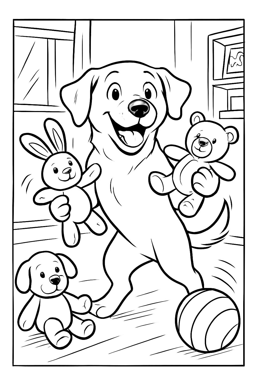 Labrador named Paula playing with stuffed animals