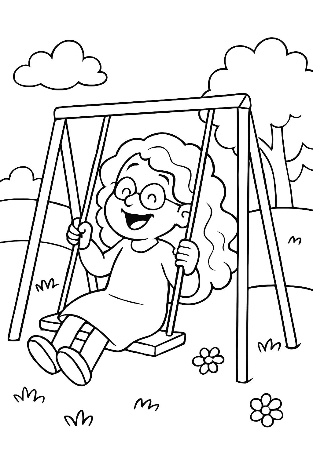 Oma mit langen, welligen Haaren, die auf einer Schaukel spielt