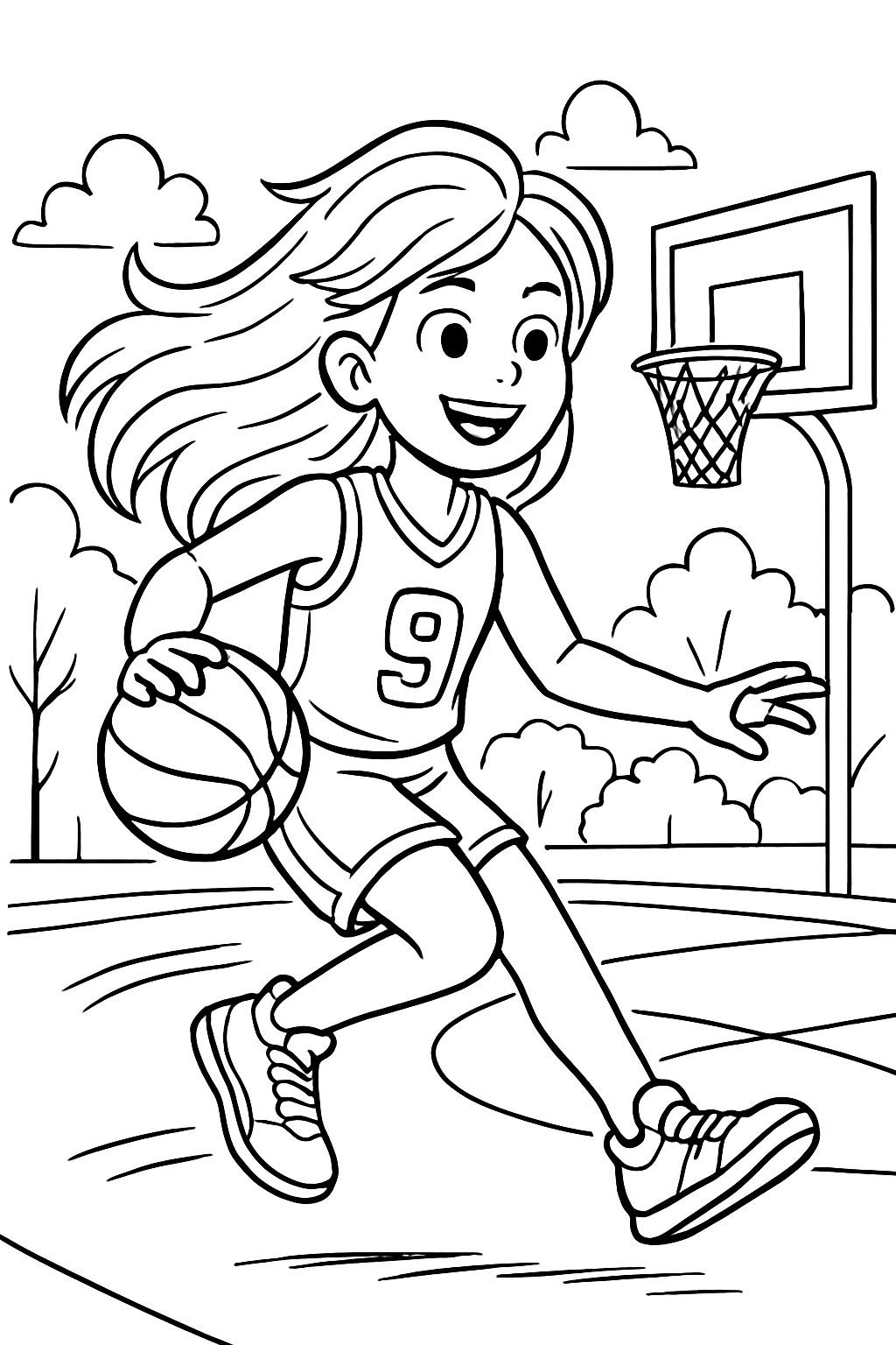 Ein Mädchen mit offenen Haaren, das in ihrem Team Basketball spielt. Es ist leicht zum Ausmalen.