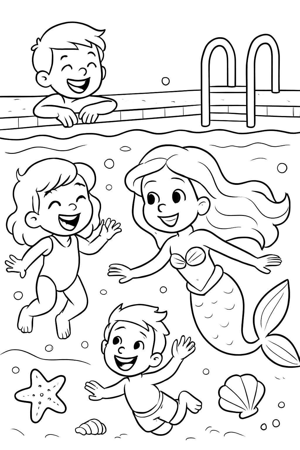 Seção transversal da piscina, crianças brincando debaixo d'água e uma sereia nadando, há estrelas do mar e conchas Seção transversal da piscina, crianças brincando debaixo d'água e uma sereia nadando, há estrelas do mar e conchas