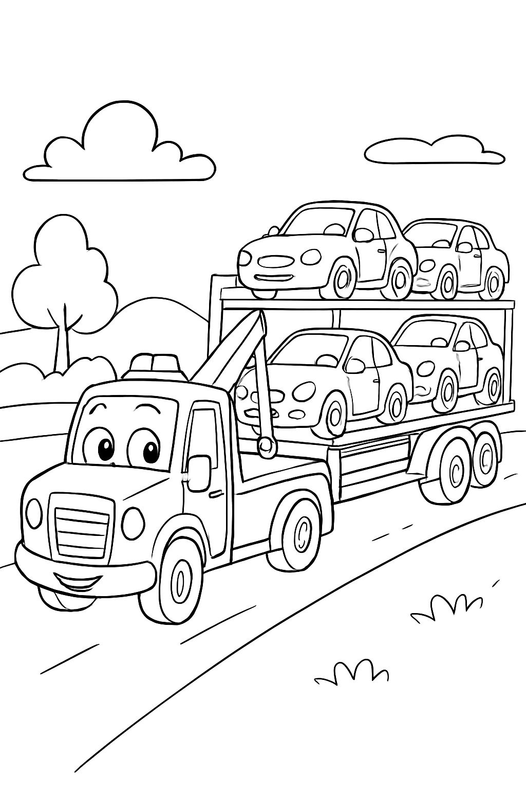 Un dépanneuse remorque un camion et le camion remorque un transporteur de voitures avec des voitures dessus. Personne ne conduit.