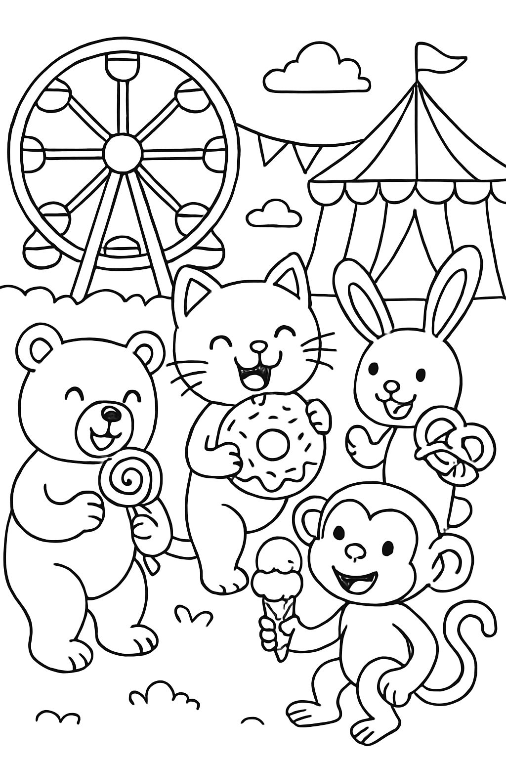 Animals on a trip to the fair eating sweets and pretzels.