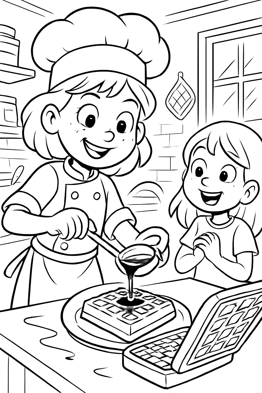 Mädchen, das Waffeln mit Schokolade für ihre Freundin, die auch ein Mädchen ist, kocht. Mädchen, das Waffeln mit Schokolade für ihre Freundin, die auch ein Mädchen ist, kocht.