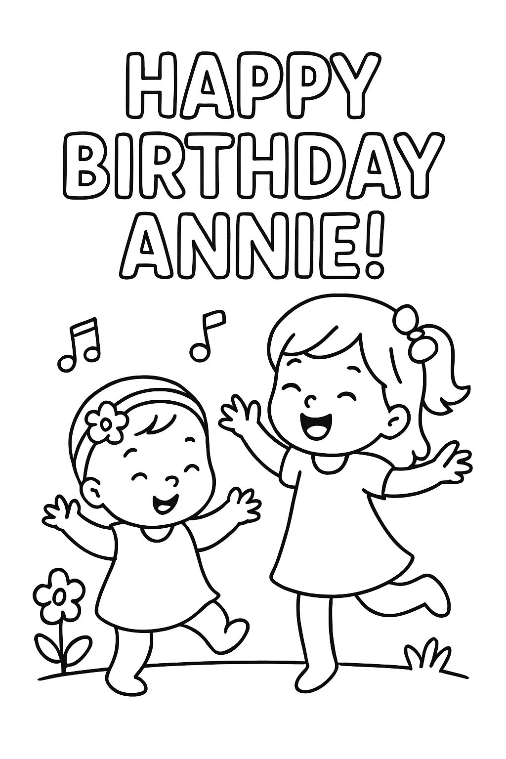 A baby girl and a toddler girl dancing to music that says 'happy birthday annie!'