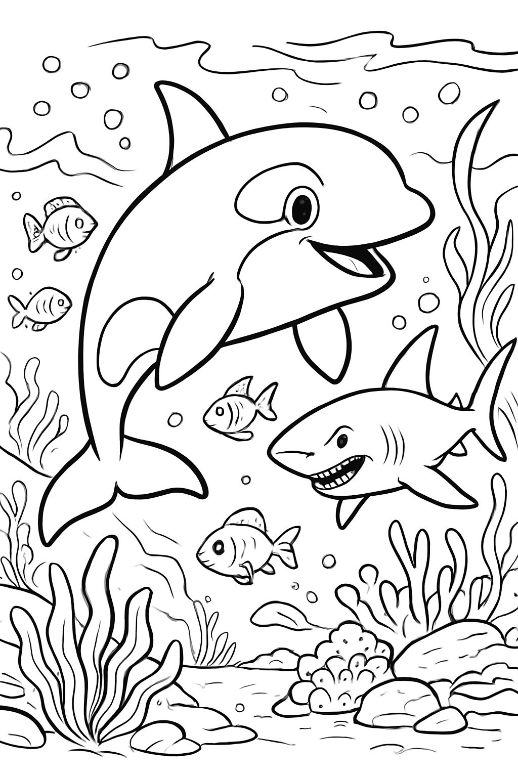 Unterwasserwelt mit einem unausgemalten Orca, Hai und fisch