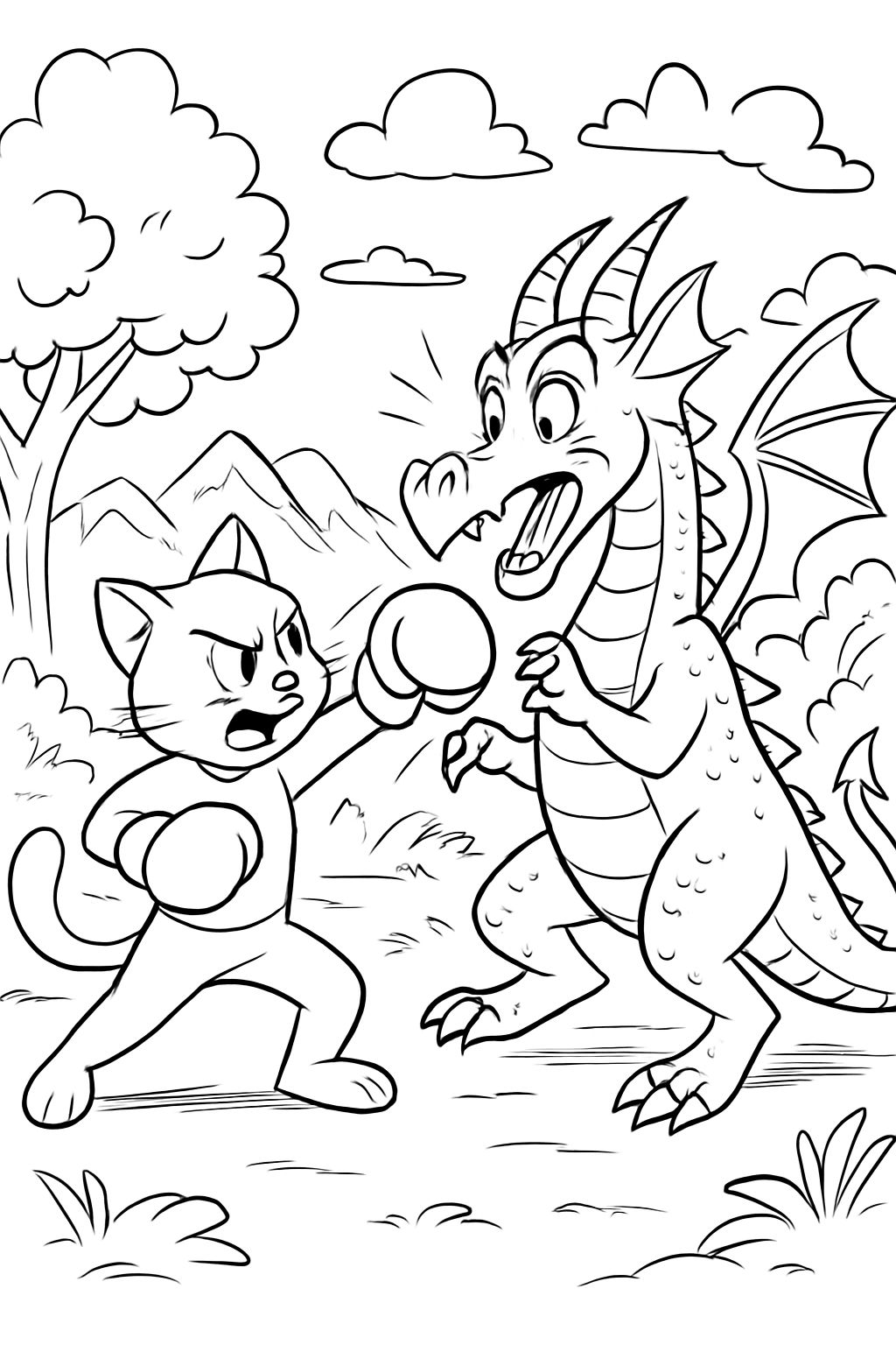 A cat boxing a dragon with a beautiful background and easy to color.