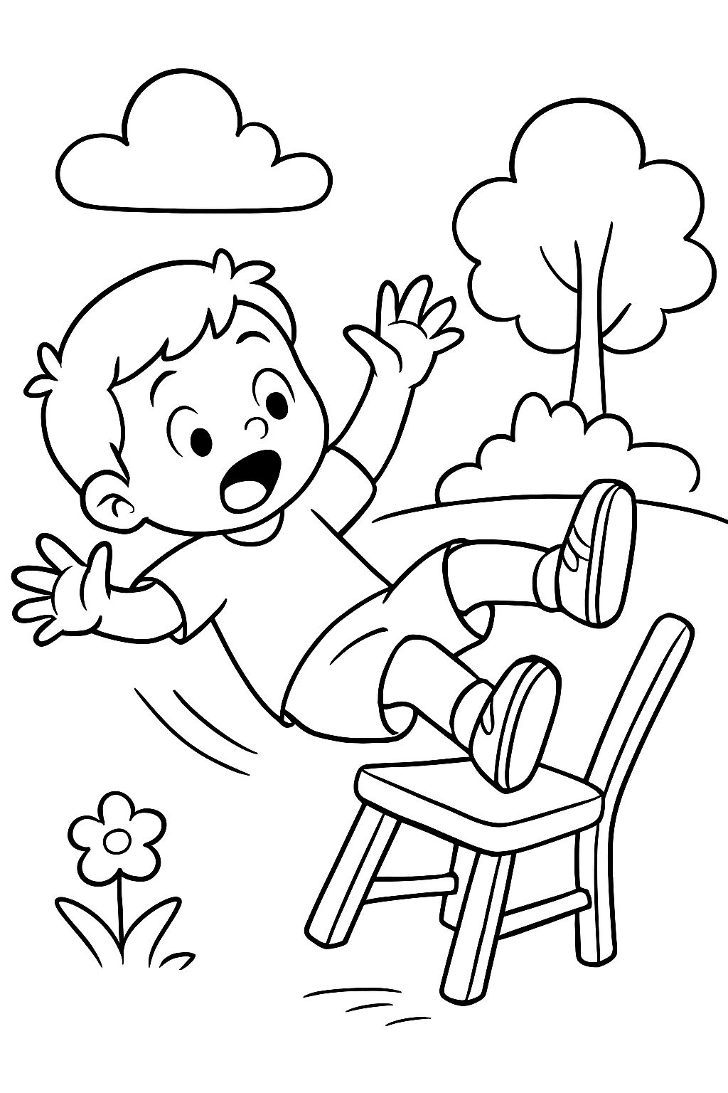 Un niño se cae de una silla.