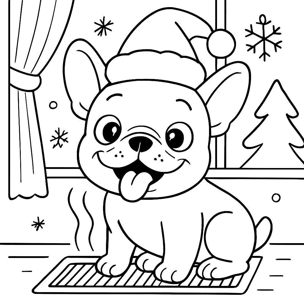 ein französischer Bulldogge mit einem Weihnachtsmannhut, die auf einem Heizkörper sitzt ein französischer Bulldogge mit einem Weihnachtsmannhut, die auf einem Heizkörper sitzt