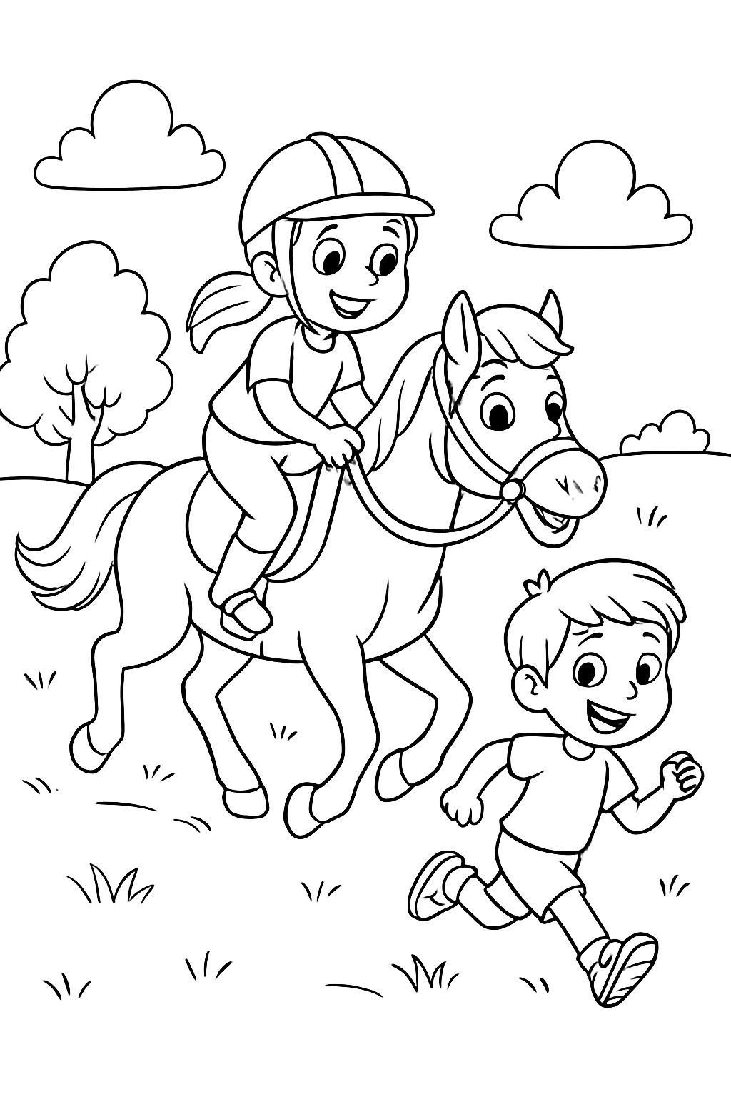 un cheval avec une cavalière dessus et un garçon qui court derrière sur une prairie