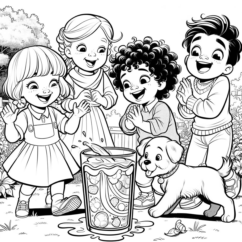 Créez une illustration en lignes d'Esila et de ses frères riant à une table de jardin. Plusieurs verres de gelée colorés sont sur la table, dont un s'est renversé et la gelée tremblote lentement. Bello, le chien, regarde avec étonnement la gelée qui tremble. Esila, Can et Leo rient et regardent le 'chef-d'œuvre tremblant.' La scène doit être joyeuse et vivante, avec des contours clairs et plein de zones à colorier. Créez une illustration en lignes d'Esila et de ses frères riant à une table de jardin. Plusieurs verres de gelée colorés sont sur la table, dont un s'est renversé et la gelée tremblote lentement. Bello, le chien, regarde avec étonnement la gelée qui tremble. Esila, Can et Leo rient et regardent le 'chef-d'œuvre tremblant.' La scène doit être joyeuse et vivante, avec des contours clairs et plein de zones à colorier.
