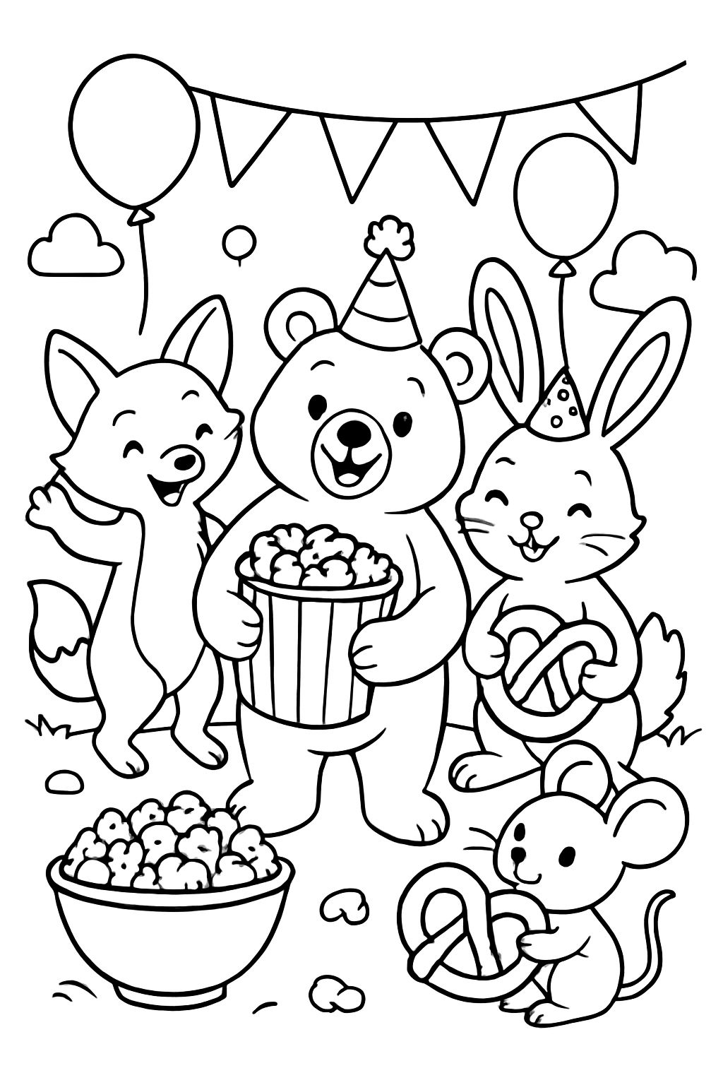 Animal birthday party with popcorn and pretzels