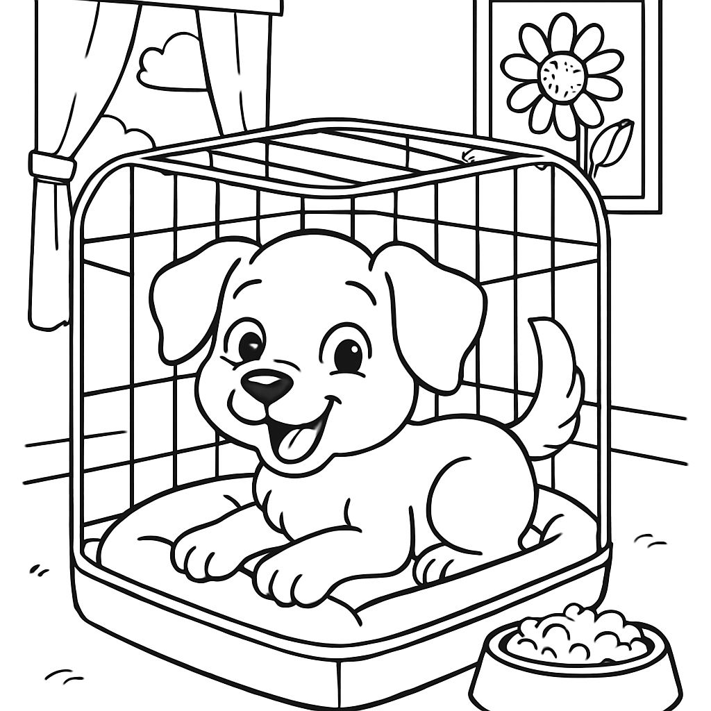 un chiot dans une cage sur un lit avec de la nourriture un chiot dans une cage sur un lit avec de la nourriture