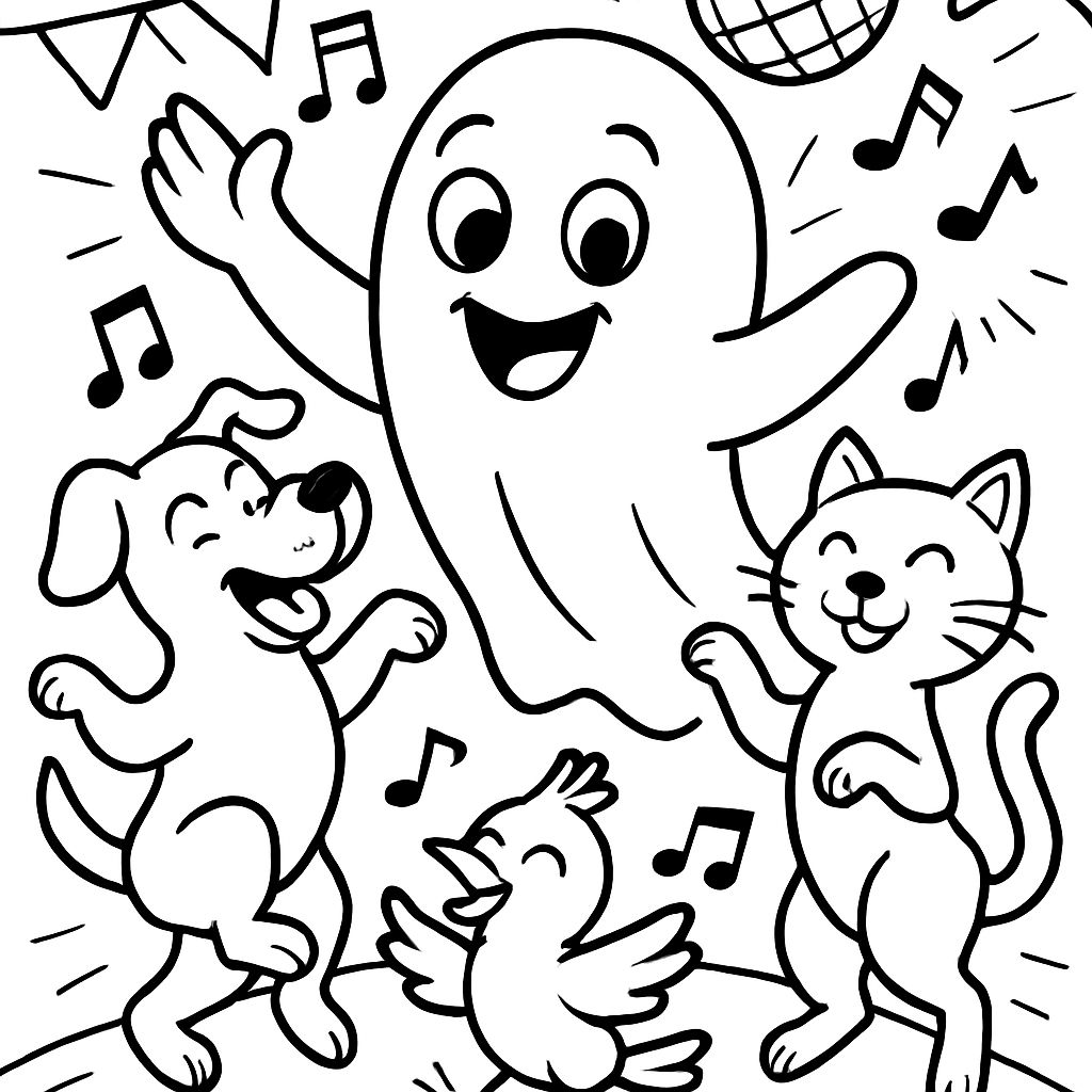 A friendly little ghost having a party with animals and dancing A friendly little ghost having a party with animals and dancing