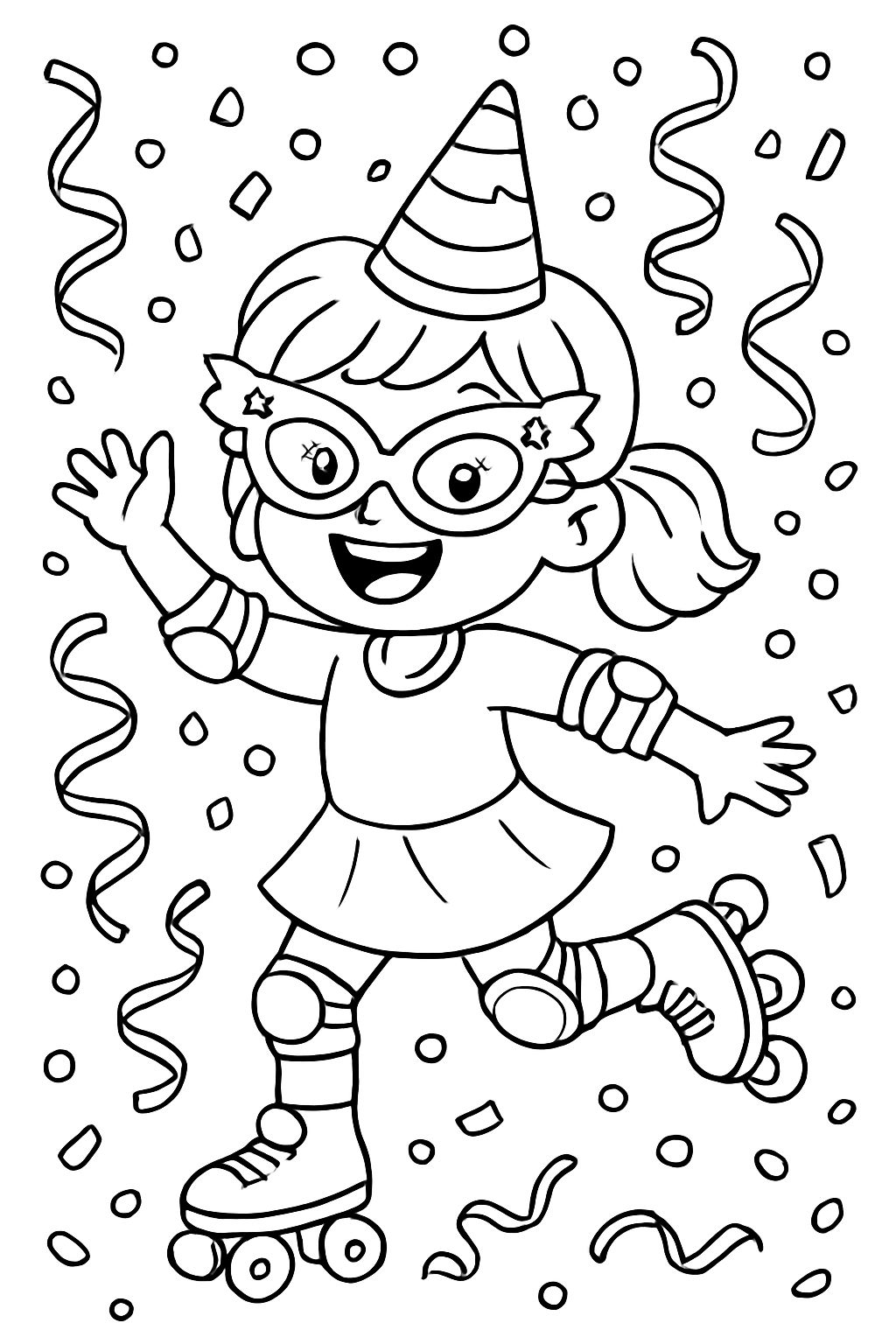 Regarding Carnival, a girl on roller skates with knee and elbow pads, a funny carnival glasses, a carnival hat, confetti, and paper streamers in the background Regarding Carnival, a girl on roller skates with knee and elbow pads, a funny carnival glasses, a carnival hat, confetti, and paper streamers in the background