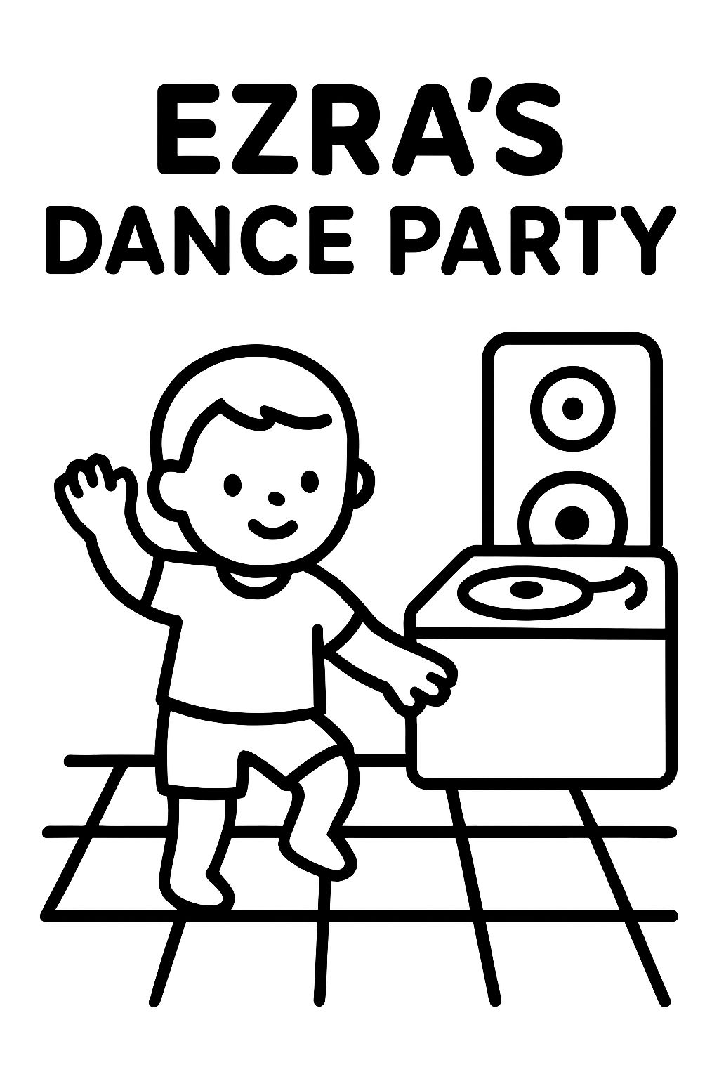 A festa de dança de Ezra. Com um bebê dançando em um piso de dança quadriculado com uma cabine de DJ. A festa de dança de Ezra. Com um bebê dançando em um piso de dança quadriculado com uma cabine de DJ.